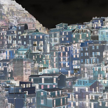 Un monde en couleur - Cinque Terre : Poster sous verre, cadre en bois noir, passe-partout blanc 3cm, dim. avec cadre 54 x 39 cm